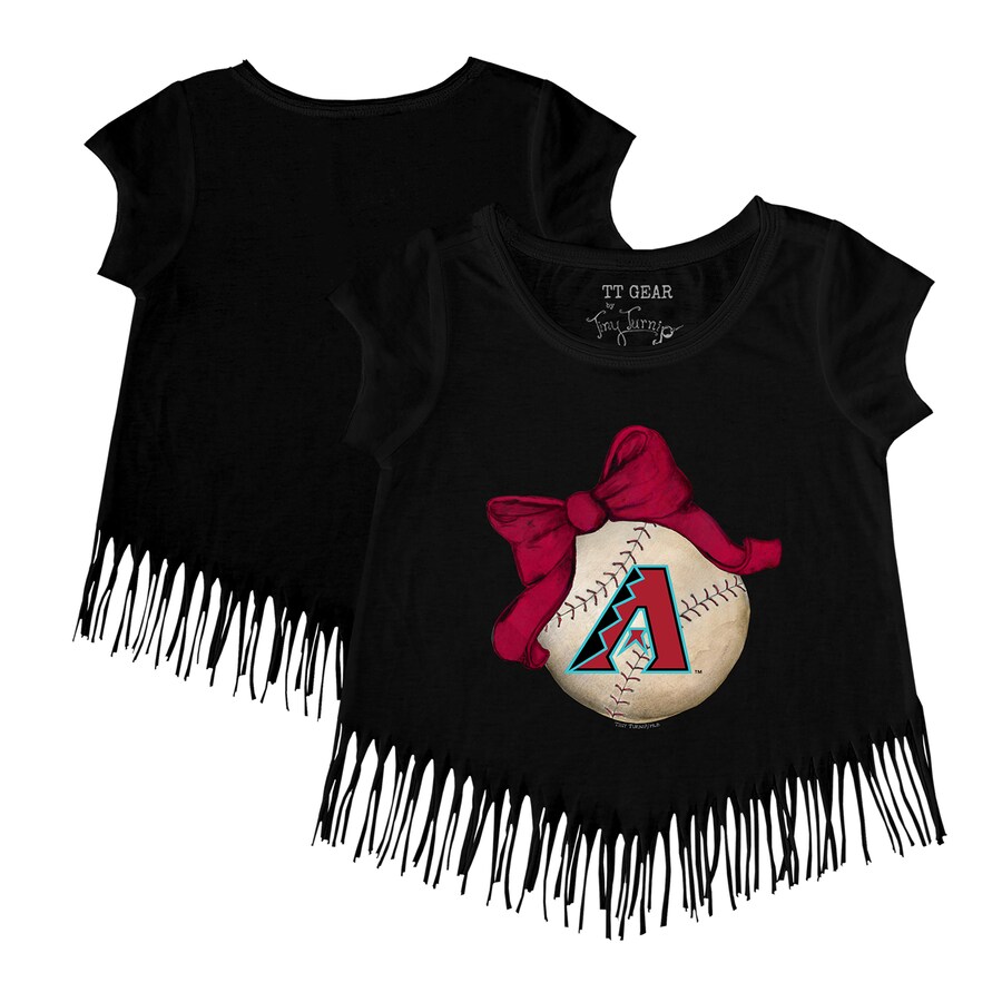 Girls Toddler Arizona Diamondbacks Tiny Turnip Black Baseball Bow Fringe T-Shirt