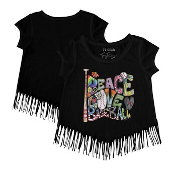 Girls Youth Arizona Diamondbacks Tiny Turnip Black Peace Love Baseball Fringe T-Shirt