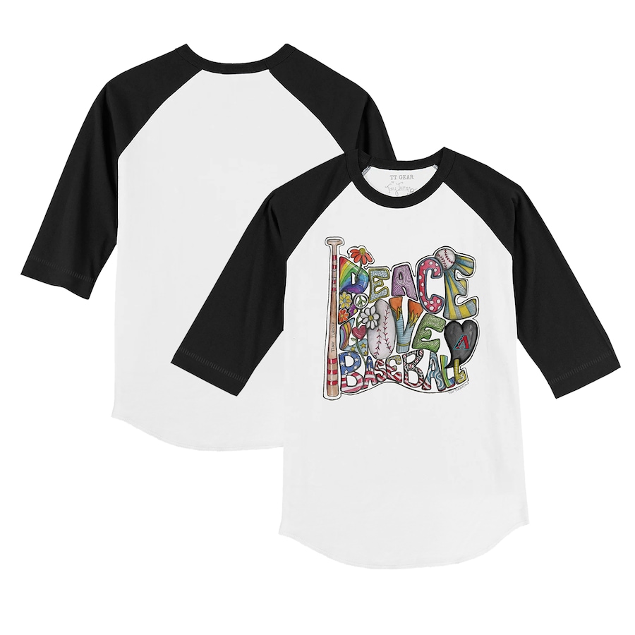 Infant Arizona Diamondbacks Tiny Turnip White/Black Peace Love Baseball Raglan 3/4 Sleeve T-Shirt