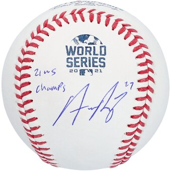 Autographed Atlanta Braves Austin Riley 2021 World Series Champions Fanatics Authentic World Series Logo Baseball with ''21 WS CHAMPS'' Inscription