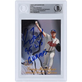 Greg Maddux Atlanta Braves Autographed 1998 Flair Showcase Row 3 #13 Beckett Fanatics Witnessed Authenticated Card with "1995 WS CHAMPS" Inscription