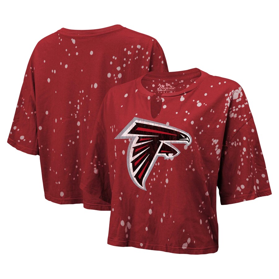 Women's Atlanta Falcons Majestic Threads Red Bleach Splatter Notch Neck Crop T-Shirt