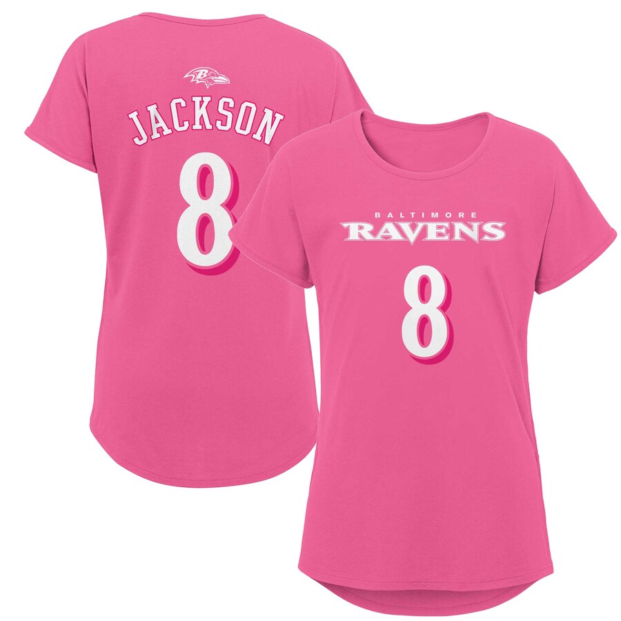 Girls Youth Baltimore Ravens Lamar Jackson Pink Player Name & Number T-Shirt