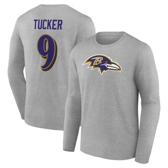 Men's Baltimore Ravens Justin Tucker Gray Icon Player Name & Number Long Sleeve T-Shirt