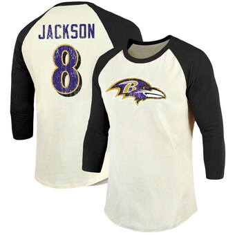 Men's Baltimore Ravens Lamar Jackson Majestic Threads Cream/Black Vintage Player Name & Number 3/4-Sleeve Fitted T-Shirt