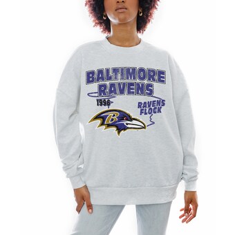 Women's Baltimore Ravens Gameday Couture Ash Gridiron Goals Premium Drop Shoulder Pullover Sweatshirt