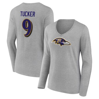 Women's Baltimore Ravens Justin Tucker Gray Icon Player Name & Number Long Sleeve V-Neck T-Shirt