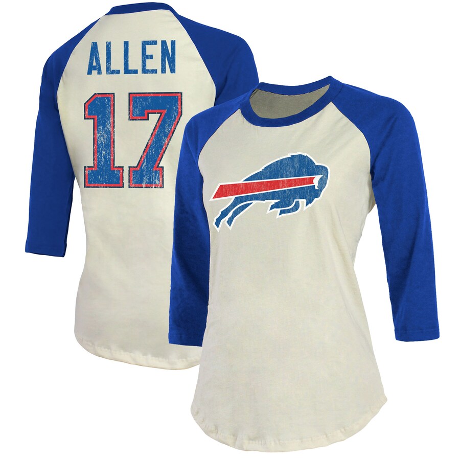 Women's Buffalo Bills Josh Allen Majestic Threads Cream/Royal Player Raglan Name & Number Fitted 3/4-Sleeve T-Shirt