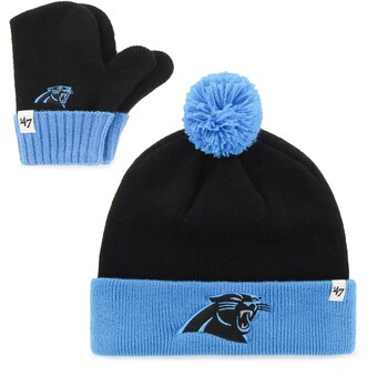Infant Carolina Panthers '47 Black/Blue Bam Bam Cuffed Knit Hat with Pom and Mittens Set