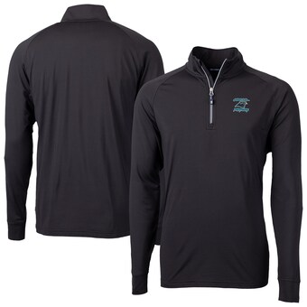 Men's Carolina Panthers Cutter & Buck Black  Adapt Eco Knit Stretch Recycled Raglan Quarter-Zip DryTec Top