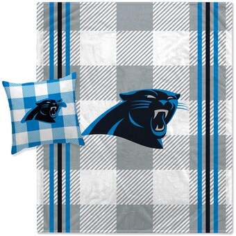 Carolina Panthers Pegasus Gray Plaid Stripes Blanket and Pillow Combo Set