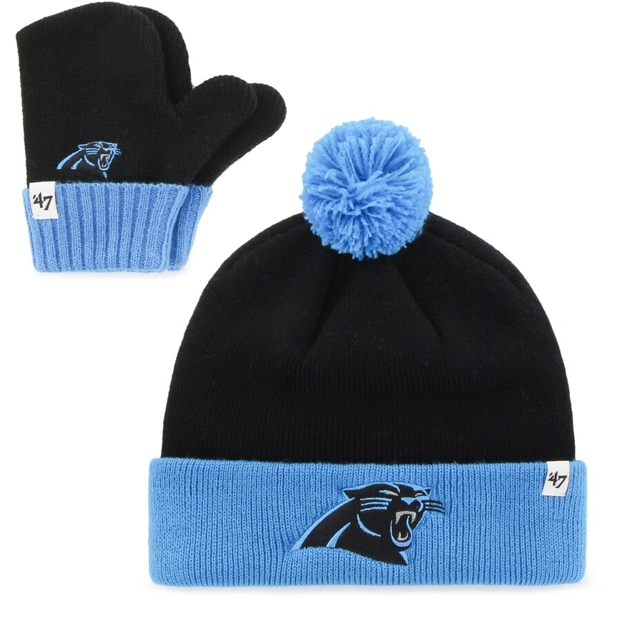 Toddler Carolina Panthers '47 Black/Blue Bam Bam Cuffed Knit Hat with Pom and Mittens Set