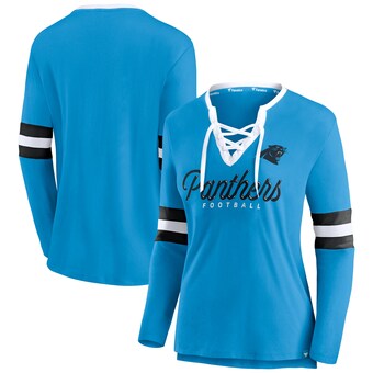 Women's Carolina Panthers Fanatics Blue Block Party Team Script Lace-Up Long Sleeve T-Shirt