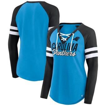 Women's Carolina Panthers Fanatics Blue/Black True to Form Raglan Lace-Up V-Neck Long Sleeve T-Shirt