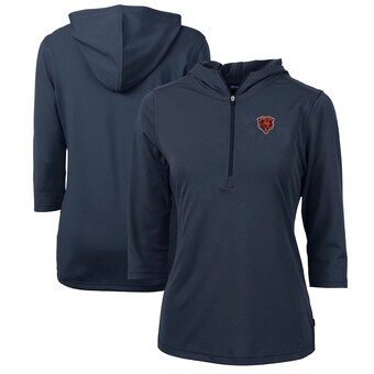 Women's Chicago Bears Cutter & Buck Navy Throwback Logo Virtue Eco Pique 3/4 Sleeve Half-Zip Pullover Hoodie