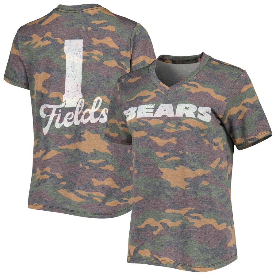 Women's Chicago Bears Majestic Threads Justin Fields Camo Name & Number V-Neck Tri-Blend T-Shirt