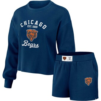 Women's Chicago Bears WEAR by Erin Andrews Navy Waffle Knit Long Sleeve T-Shirt & Shorts Lounge Set