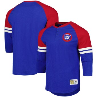 Men's Chicago Cubs Mitchell & Ness Royal Cooperstown Collection Legendary Raglan Slub Henley Three-Quarter Sleeve T-Shirt