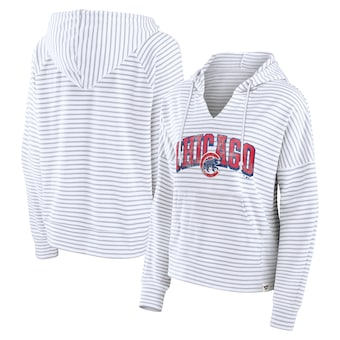 Women's Chicago Cubs Fanatics White Striped Fundamentals Notch Neck Pullover Hoodie