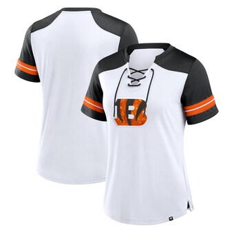 Women's Cincinnati Bengals Fanatics White/Black Foiled Primary Lace-Up T-Shirt