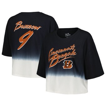 Women's Cincinnati Bengals Joe Burrow Majestic Threads Black/White Dip-Dye Player Name & Number Crop Top