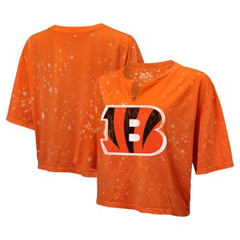 Women's Cincinnati Bengals Majestic Threads Orange Bleach Splatter Notch Neck Crop T-Shirt