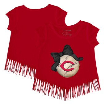 Girls Toddler Cincinnati Reds Tiny Turnip Red Baseball Bow Fringe T-Shirt