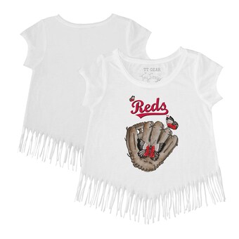 Girls Toddler Cincinnati Reds Tiny Turnip White Butterfly Glove Fringe T-Shirt