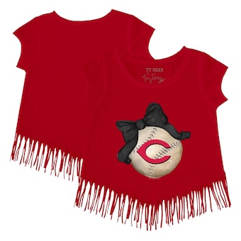 Girls Youth Cincinnati Reds Tiny Turnip Red Baseball Bow Fringe T-Shirt