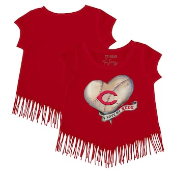 Girls Youth Cincinnati Reds Tiny Turnip Red Heart Banner Fringe T-Shirt