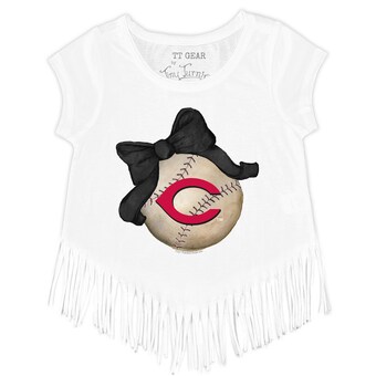 Girls Youth Cincinnati Reds Tiny Turnip White Baseball Bow Fringe T-Shirt