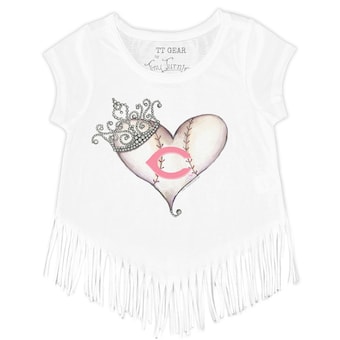 Girls Youth Cincinnati Reds Tiny Turnip White Baseball Tiara Heart Fringe T-Shirt