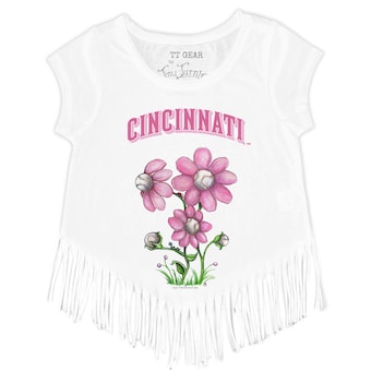 Girls Youth Cincinnati Reds Tiny Turnip White Blooming Baseballs Fringe T-Shirt