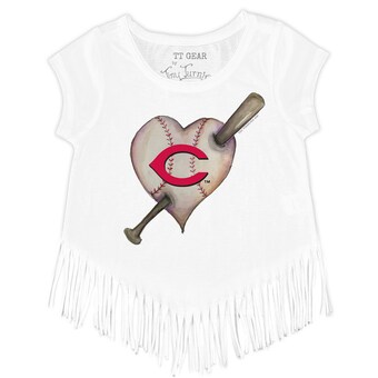 Girls Youth Cincinnati Reds Tiny Turnip White Heart Bat Fringe T-Shirt