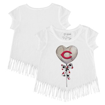 Girls Youth Cincinnati Reds Tiny Turnip White Heart Lolly Fringe T-Shirt