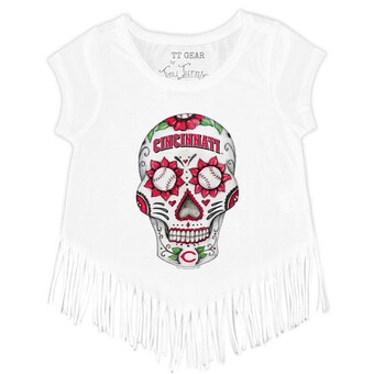 Girls Youth Cincinnati Reds Tiny Turnip White Sugar Skull Fringe T-Shirt