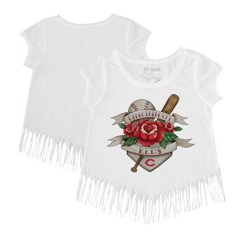 Girls Youth Cincinnati Reds Tiny Turnip White Tattoo Rose Fringe T-Shirt