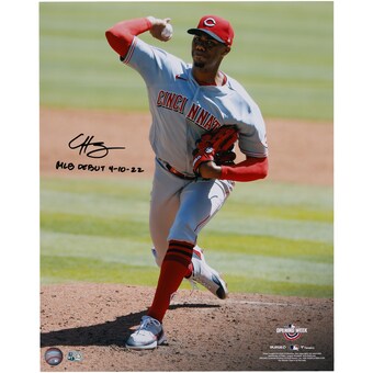 Autographed Cincinnati Reds Hunter Greene Fanatics Authentic 16" x 20" Debut Pitching Photograph with "MLB Debut 4-10-22" Inscription