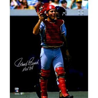 Autographed Cincinnati Reds Johnny Bench Fanatics Authentic 16" x 20" In Catchers Gear Photograph with "HOF 89" Inscription