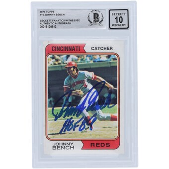 Johnny Bench Cincinnati Reds Autographed 1974 Topps Series 1 #10 Beckett Fanatics Witnessed Authenticated 10 Card with "HOF 89" Inscription