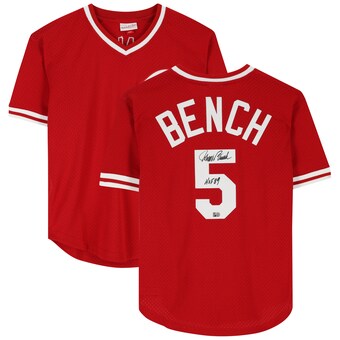 Autographed Cincinnati Reds Johnny Bench Fanatics Authentic Mitchell & Ness 1983 Red Replica Batting Practice Jersey with "HOF 89" Inscription