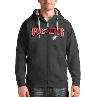 Cincinnati Reds Antigua Charcoal Team Logo Victory Full-Zip Hoodie