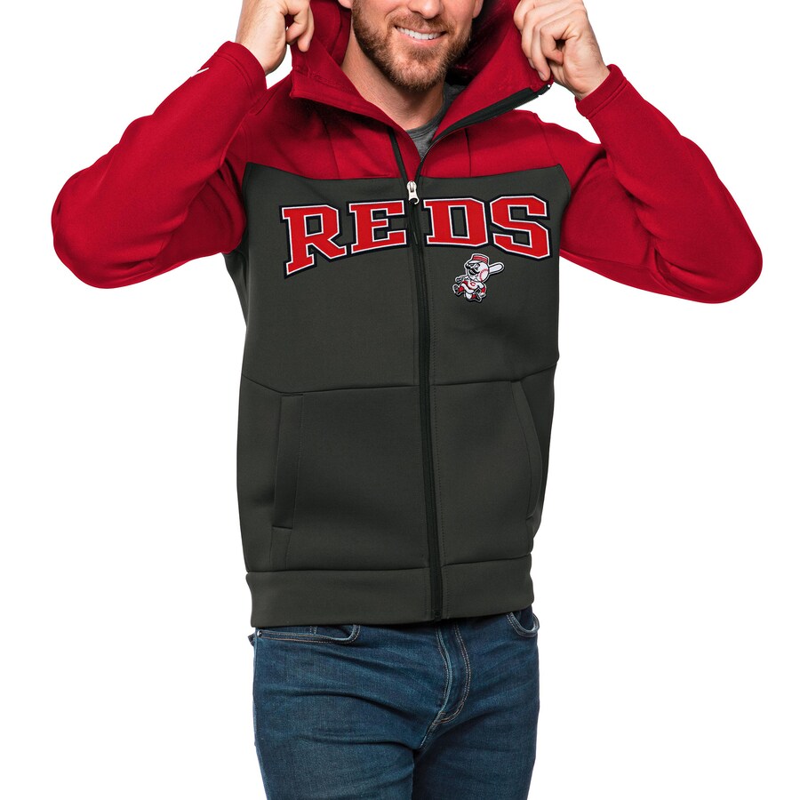 Men's Cincinnati Reds Antigua Red/Charcoal Wordmark Protect Full-Zip Hoodie