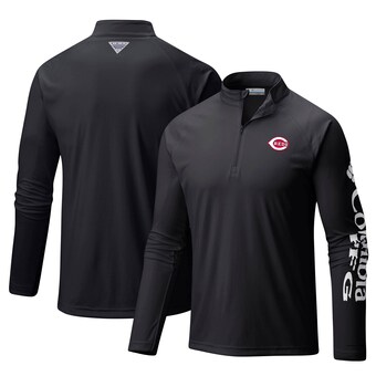 Men's Cincinnati Reds Columbia Black Terminal Tackle Omni-Shade Raglan Quarter-Zip Pullover Top