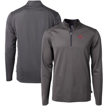 Men's Cincinnati Reds Cutter & Buck Black/Gray Virtue Eco Pique Micro Stripe Recycled Quarter-Zip Pullover Top