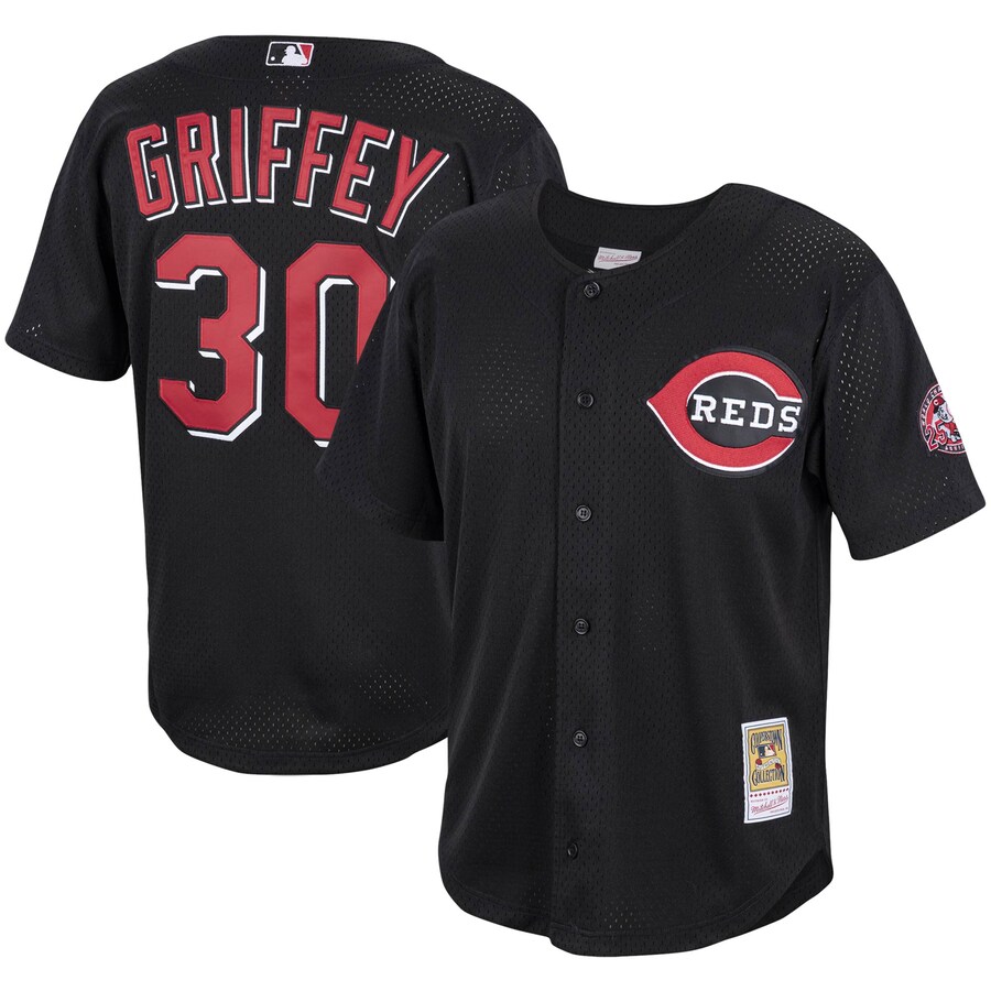 Men's Cincinnati Reds Ken Griffey Jr. Mitchell & Ness Black Cooperstown Collection Mesh Batting Practice Button-Up Jersey