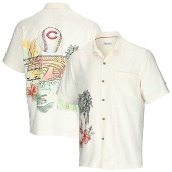 Men's Cincinnati Reds Tommy Bahama Cream Paradise Fly Ball Camp Button-Up Shirt