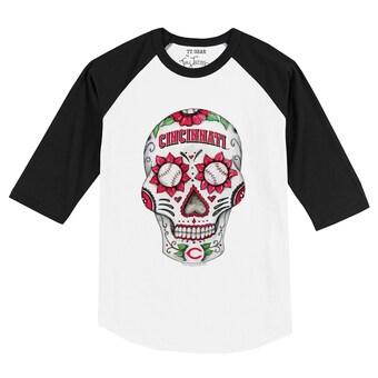 Toddler Cincinnati Reds Tiny Turnip White/Black Sugar Skull Raglan 3/4 Sleeve T-Shirt