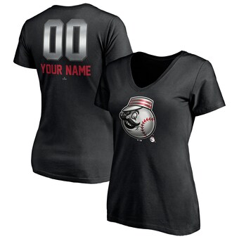 Women's Cincinnati Reds Black Personalized Any Name & Number Midnight Mascot V-Neck T-Shirt