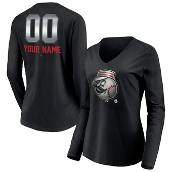 Women's Cincinnati Reds Black Personalized Midnight Mascot Long Sleeve V-Neck T-Shirt